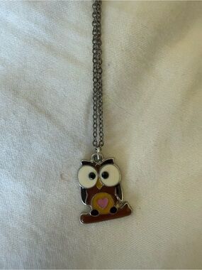 Kids Silver Owl Pendant Necklace with Brown and Pink Accents